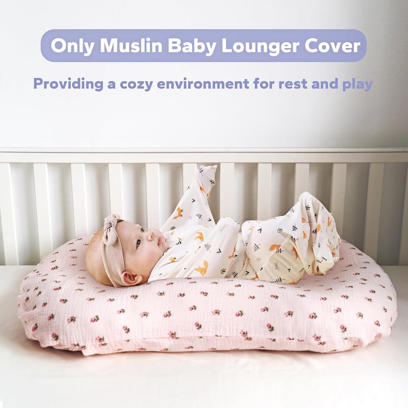 FUNUPUP Muslin Baby Lounger Cover Compatible with Snuggle Me Lounger, Infant Lounger Pillow Cover for Newborn, Removable Newborn Lounger Cover for Boys and Girls, Only Cover, Pink&Pink Flower - Image 5